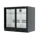 Borrelli 210 matt black undercounter bar fridge, empty interior with textured stainless finish and adjustable shelves behind sliding glass doors