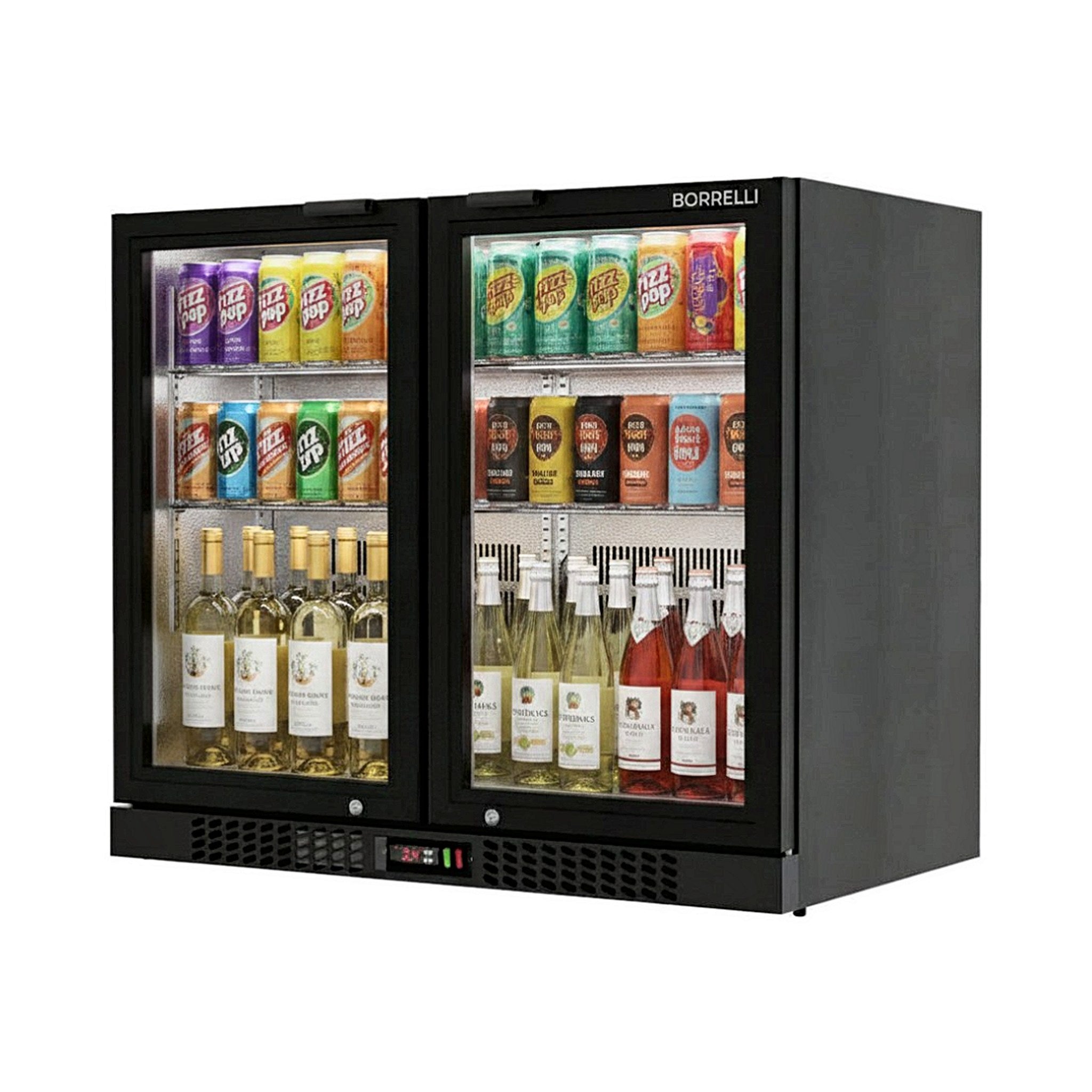 Borrelli BC-210HB commercial undercounter bar fridge, three-quarter angle view, double hinged glass doors stocked with drinks