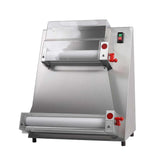 Front view of a 15-inch horizontal dough roller with safety features and emergency stop button, designed for efficient and uniform dough rolling