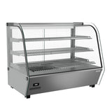 Side view of a Borrelli 160-liter commercial heated countertop display with a focus on the side glass panel, metallic frame, and the control panel housing temperature settings and power switches