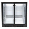 Empty 210L commercial beverage cooler with sliding doors, designed for use in hospitality settings, with digital temperature controls