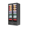 Angled view of Borrelli 510U commercial bar fridge, fully stocked and illuminated, highlighting the spacious interior and energy-efficient lighting.