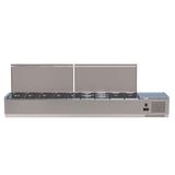 VRX Servery 2000mm with lids open showcasing its spacious stainless steel compartments for food display and temperature maintenance.