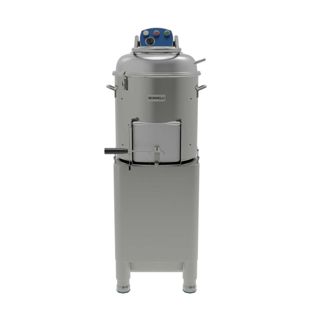 Front view of Borrelli 20kg commercial potato peeler, highlighting its sleek exterior.