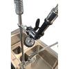 Close-up of Borrelli commercial pre-rinse arm with pot filler nozzle and ergonomic trigger, clamped securely to a stainless steel sink, WaterMark certified for restaurant use.
