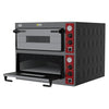 Side angle of a Borrelli commercial twin deck pizza oven with the bottom door open, displaying the stone baking surface for authentic pizza cooking.