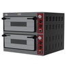 Borrelli commercial twin deck 450 pizza oven viewed from the left with doors closed, highlighting the sleek design and temperature controls for the dual cooking chambers.