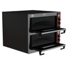 Borrelli commercial twin deck pizza oven at a right angle with doors open, showcasing its high-capacity interior suitable for bustling pizza kitchens.