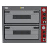 Front view of a closed Borrelli commercial twin deck pizza oven, highlighting the durable construction and independent deck controls for precision baking.