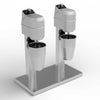 Commercial twin-head milkshake maker in a sleek, stainless steel design, featuring two mixing stations with durable, stainless steel cups