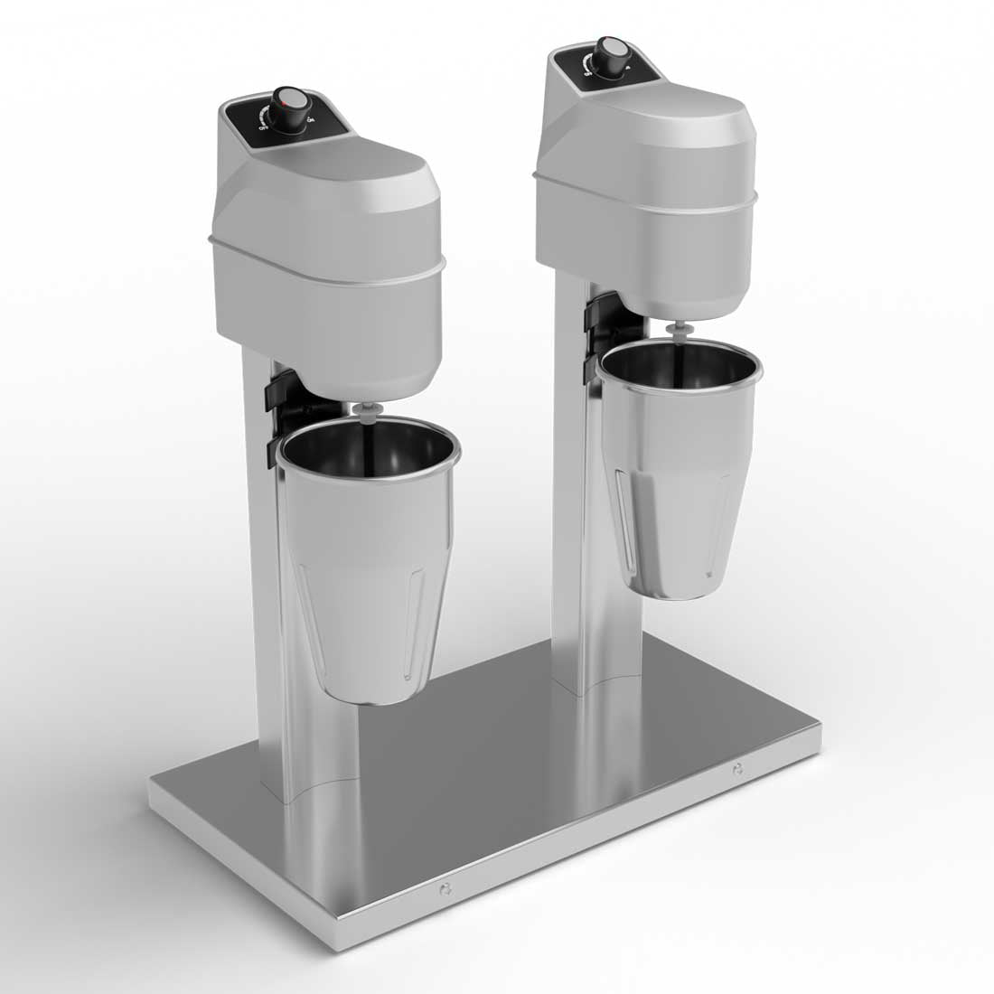 Commercial twin-head milkshake maker in a sleek, stainless steel design, featuring two mixing stations with durable, stainless steel cups