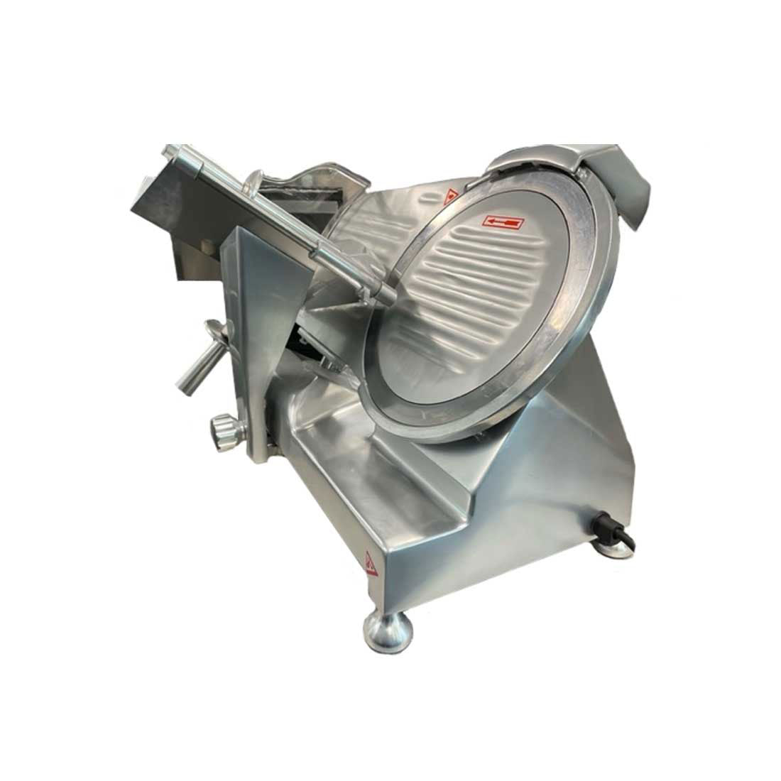 Professional 10-inch heavy-duty meat slicer by Borrelli, featuring a precision stainless steel blade for consistent cuts in commercial kitchens - angled view.