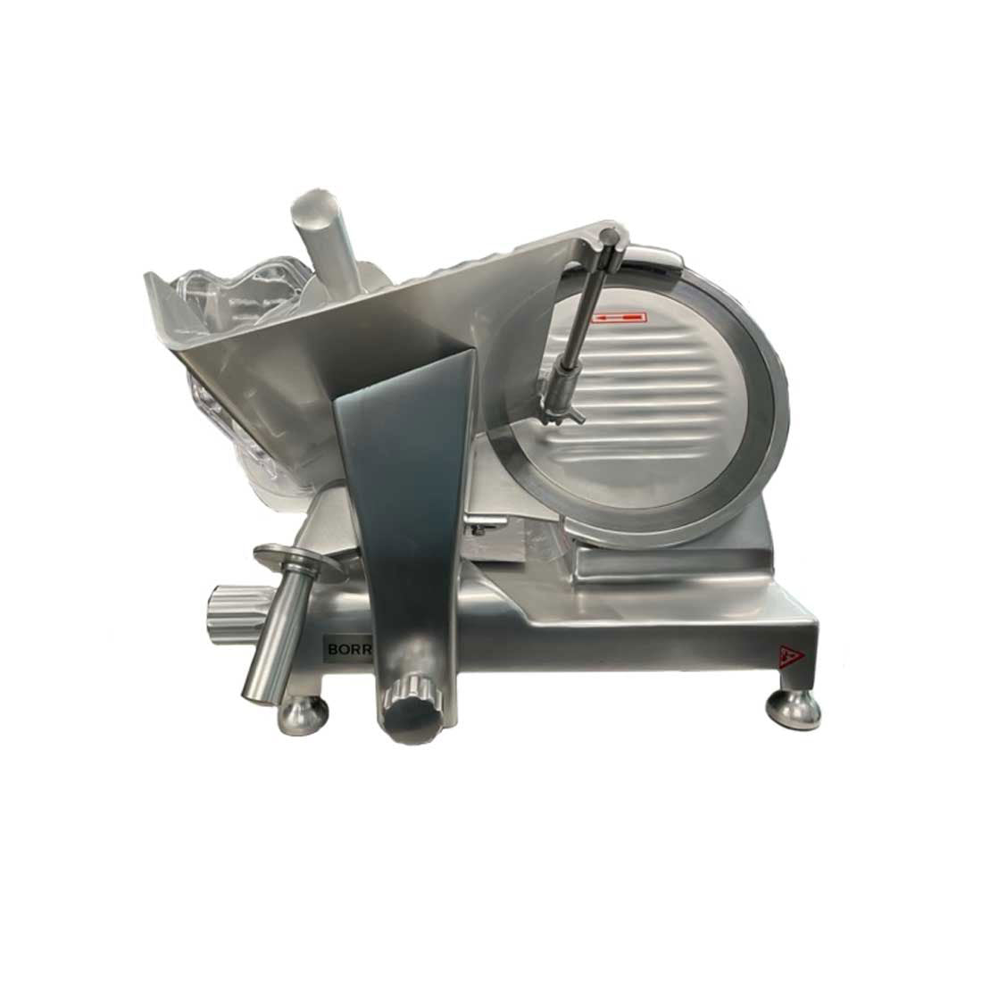 Borrelli premium grade meat slicer, equipped with a 10" razor-sharp blade, robust construction, and safety features for efficient slicing - front view.