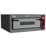 Angled perspective of the Borrelli single deck pizza oven 450, emphasizing the compact size and efficient design, suitable for professional kitchens and pizzerias.