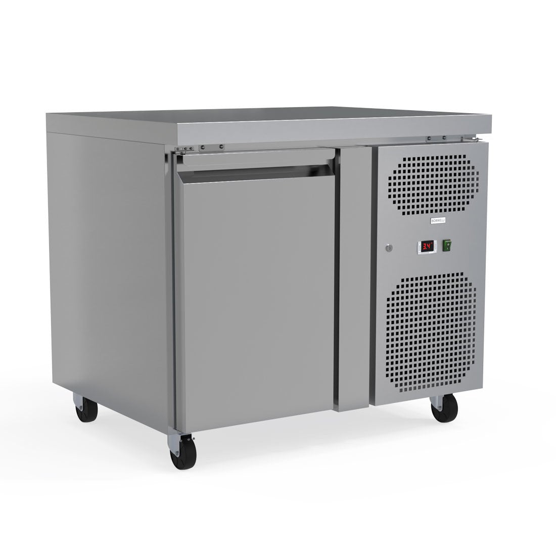 Slight angle view of a Borrelli single door stainless steel counter fridge on lockable castors, blending functionality and portability for culinary professionals.