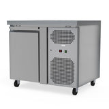 "Front view of a Borrelli single door stainless steel commercial counter fridge, featuring a closed door with ventilation grill for optimal cooling performance.