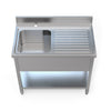 Front overhead perspective of a Borrelli stainless steel 1000mm single bowl sink with right-hand draining board, combining the frontal elevation with the top-down layout.