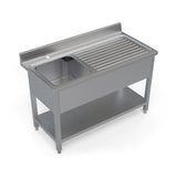 Left side angle view of a 1200mm single bowl stainless steel sink with a right-hand drainer, emphasizing the practical design for busy commercial kitchens.