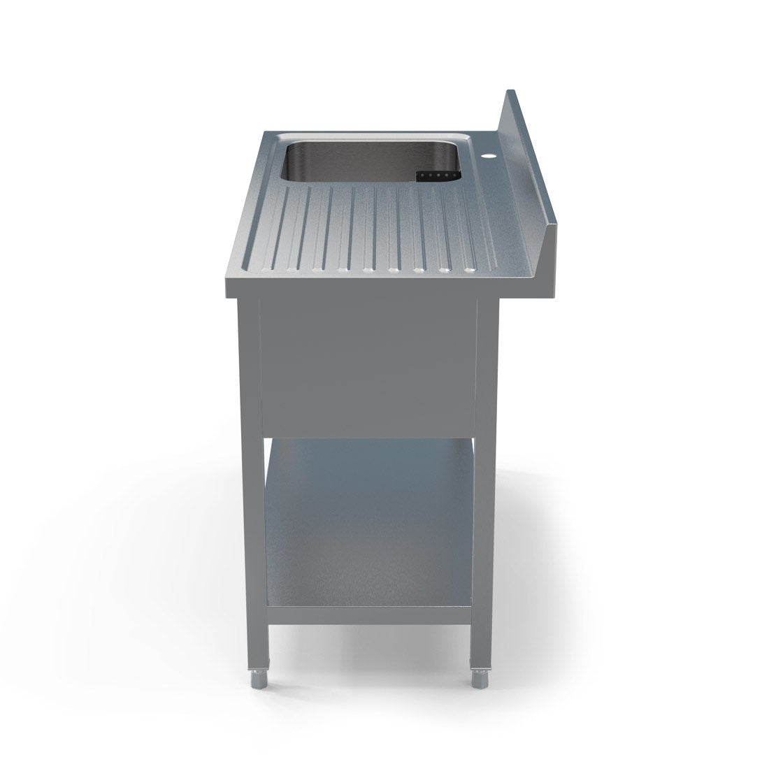 Side view of a Borrelli 1200mm commercial stainless steel sink with a right-hand draining board, showcasing the sleek finish and robust construction.
