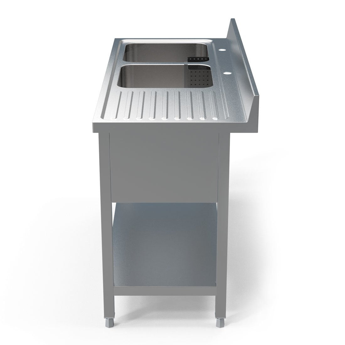 Side view of a Borrelli 1400mm commercial double bowl stainless steel sink with a right hand draining board, showcasing its sleek and functional design for efficient kitchen use.