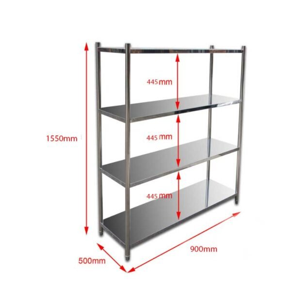 Optimize Your Storage Space with our 900mm Wide Stainless Steel Shelving Bay, Featuring 4 Solid Stainless Steel Shelves. Designed for use in commercial kitchens, medical facilities, and sensitive working areas where hygienic storage is crucial.Dimensions.