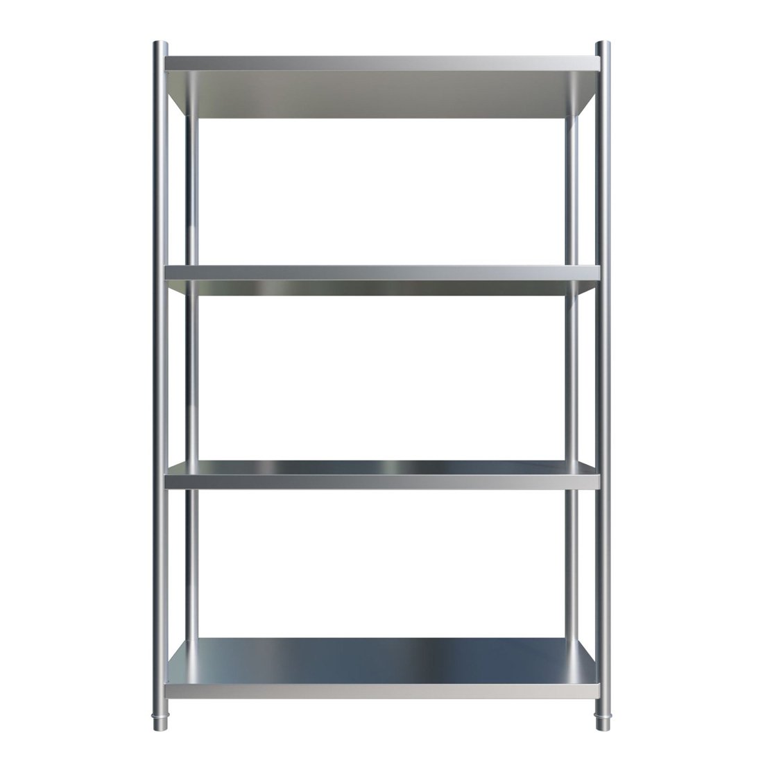 Optimize Your Storage Space with our 900mm Wide Stainless Steel Shelving Bay, Featuring 4 Solid Stainless Steel Shelves. Designed for use in commercial kitchens, medical facilities, and sensitive working areas where hygienic storage is crucial. Front_view.