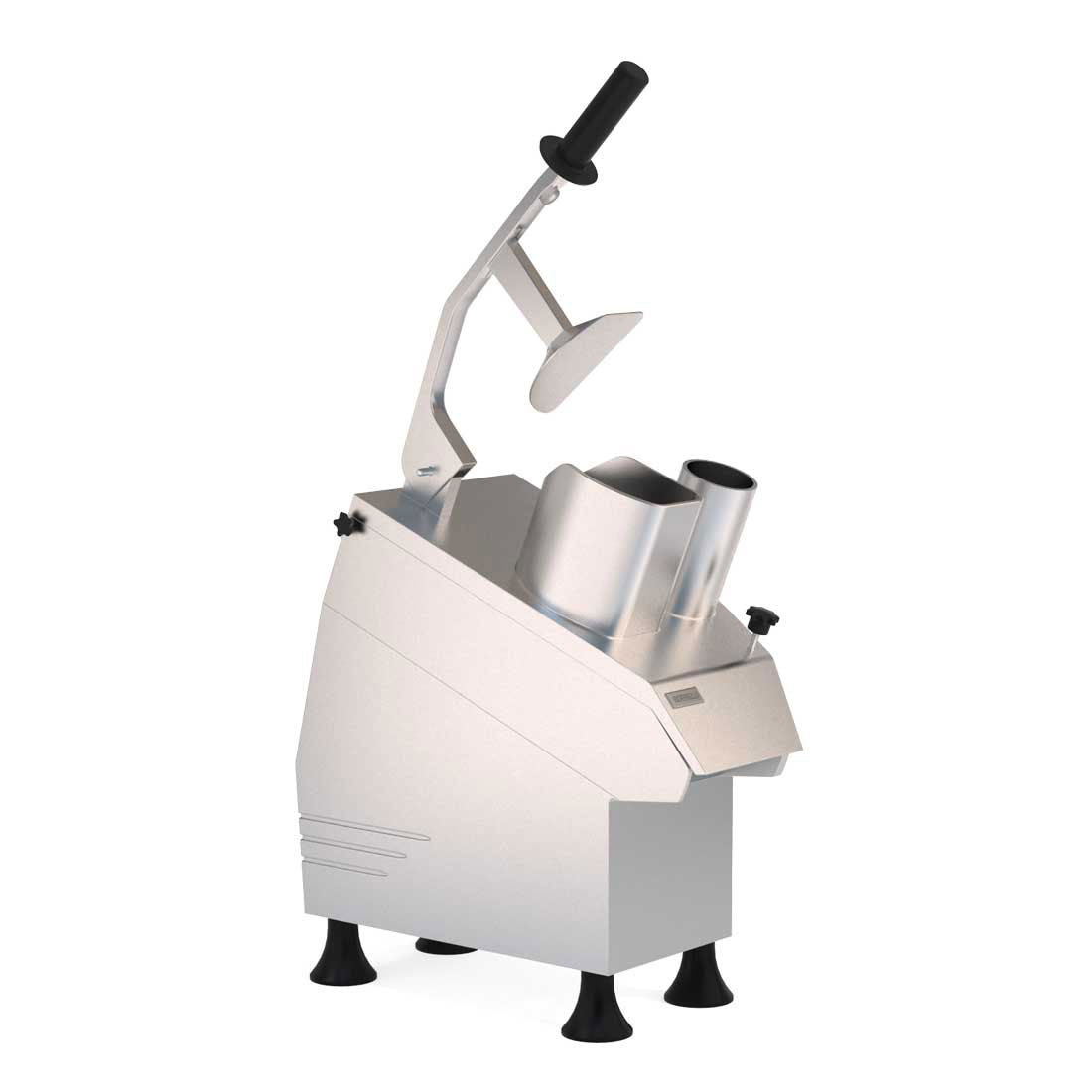 Borrelli vegetable prep machine viewed from the upper left, featuring a robust handle and a safety switch, designed for consistent and safe food preparation.