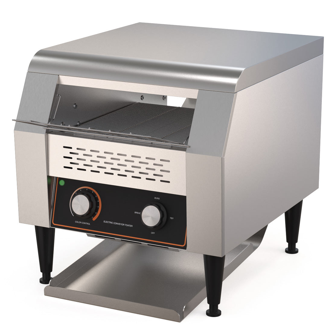 Efficient Conveyor Toaster Up to 300 Slices per Hour, Perfect for Busy Cafes and Breakfast Joints. Versatile Settings for Customised Toasting Preferences. Adjustable Conveyor Speed for Precise Results. Front Angle Image.