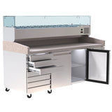 Spacious 428L Prep Fridge, Perfect for Busy Kitchen Environments. Versatile Interior Layout for Efficient Ingredient Organisation. Front Angle Door Opening Image.