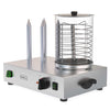 Right-angle view showcasing the durable design of the four-spiked hot dog and bun warmer with an enclosed steaming unit, suitable for high-volume food vendors.