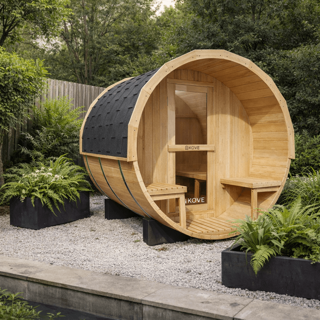 KOVE Outdoor Barrel Sauna – 3–4 Person Garden Sauna with 6kW Harvia Electric Heater