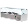 Upgrade Your Food Preparation Area with our Professional VRX Glass Servery - 1200mm x 380mm Counter Top Prep Fridge. This commercial-grade prep fridge is meticulously designed for professional kitchens.Angle_view_no_pans.