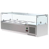 Upgrade Your Food Preparation Area with our Professional VRX Glass Servery - 1200mm x 380mm Counter Top Prep Fridge. This commercial-grade prep fridge is meticulously designed for professional kitchens.Angle_view.