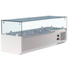 Upgrade Your Food Preparation Area with our Professional VRX Glass Servery - 1200mm x 380mm Counter Top Prep Fridge. This commercial-grade prep fridge is meticulously designed for professional kitchens.With_pans_angle_view.