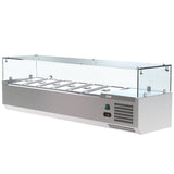 Upgrade Your Food Preparation Area with our Professional VRX Glass Servery - 1500mm x 380mm Counter Top Prep Fridge. This commercial-grade prep fridge is meticulously designed for professional kitchens.Angle-View_with Pans.