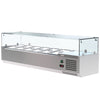 Upgrade Your Food Preparation Area with our Professional VRX Glass Servery - 1500mm x 380mm Counter Top Prep Fridge. This commercial-grade prep fridge is meticulously designed for professional kitchens.Angle-View_with Pans.