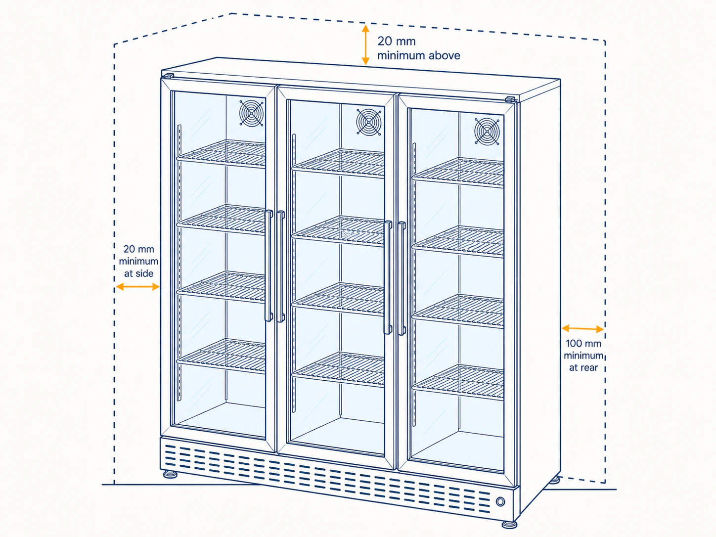 3 Door Upright Bar Fridge installation clearance guide