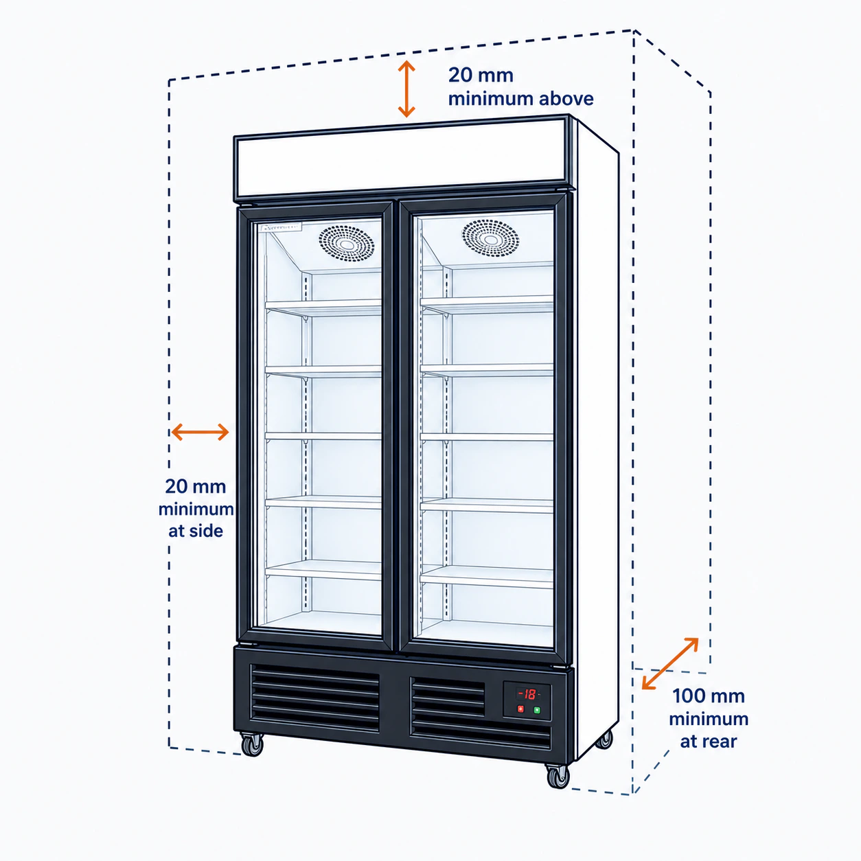 Upright Glass Door Freezer installation clearance guide