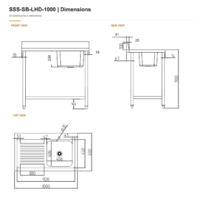 Borrelli Stainless Steel Single Bowl Sink 1000mm - Left Hand Drainer — dimension chart with front, side and top views in millimetres