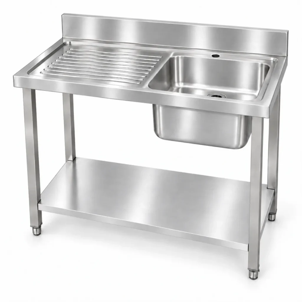 Borrelli SSS-SB-LHD-1000 1000mm single bowl stainless steel sink with left-hand drainer — three quarter view