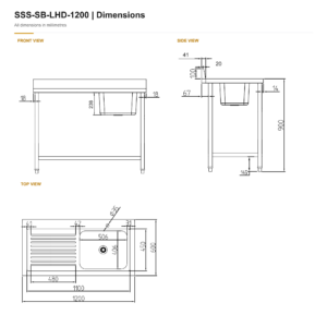 Borrelli Stainless Steel Single Bowl Sink 1200mm - Left Hand Drainer — dimension chart with front, side and top views in millimetres