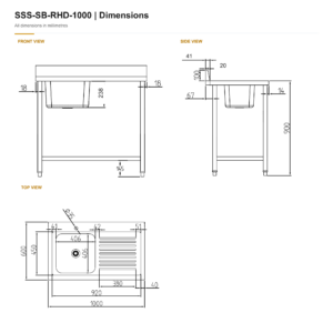 Borrelli Stainless Steel Single Bowl Sink 1000mm - Right Hand Drainer — dimension chart with front, side and top views in millimetres