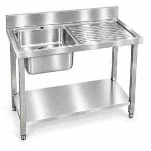 Borrelli SSS-SB-RHD-1000 1000mm single bowl stainless steel sink with right-hand drainer — three quarter view