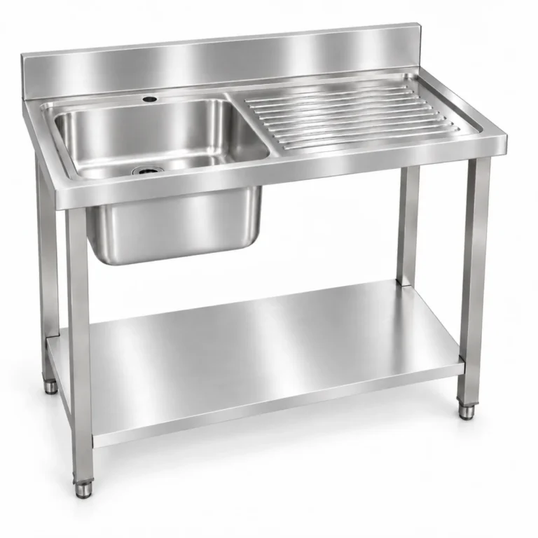 Borrelli SSS-SB-RHD-1000 1000mm single bowl stainless steel sink with right-hand drainer — three quarter view