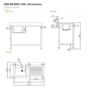 Borrelli Stainless Steel Single Bowl Sink Right Hand Drainer - 1200mm — dimension chart with front, side and top views in millimetres