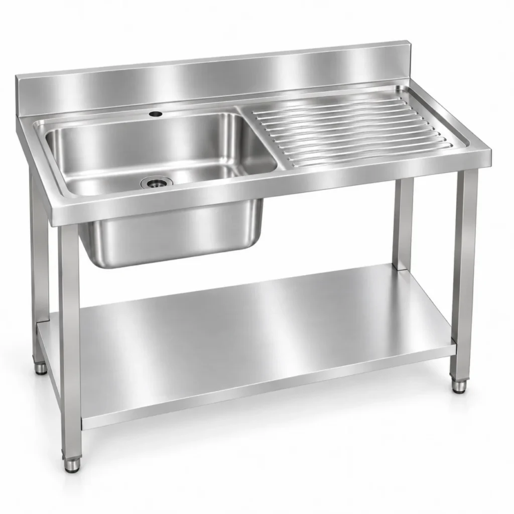 Borrelli stainless steel single bowl sink 1200mm with right-hand drainer – three-quarter view