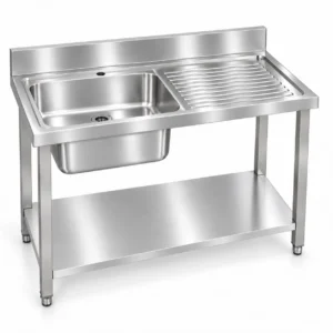 Borrelli stainless steel single bowl sink 1200mm with right-hand drainer – three-quarter view