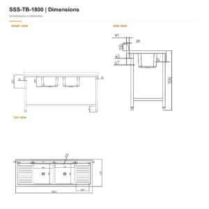 Borrelli Stainless Steel Double Bowl Sink 1800mm - Double Drainer — dimension chart with front, side and top views in millimetres