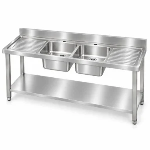 Borrelli SSS-TB-1800 1800mm stainless steel double bowl sink bench with twin drainers – three-quarter view