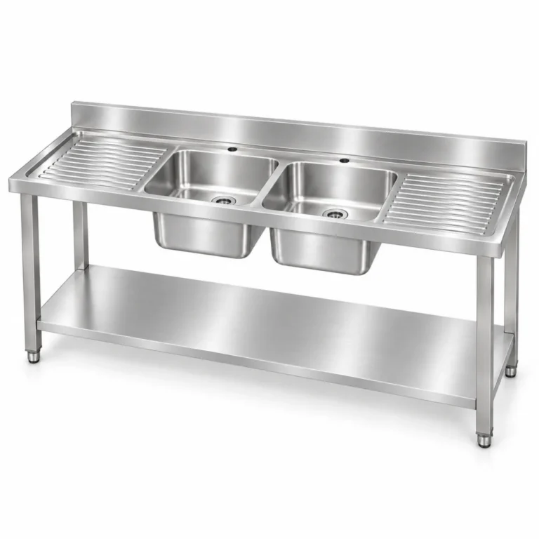Borrelli SSS-TB-1800 1800mm stainless steel double bowl sink bench with twin drainers – three-quarter view